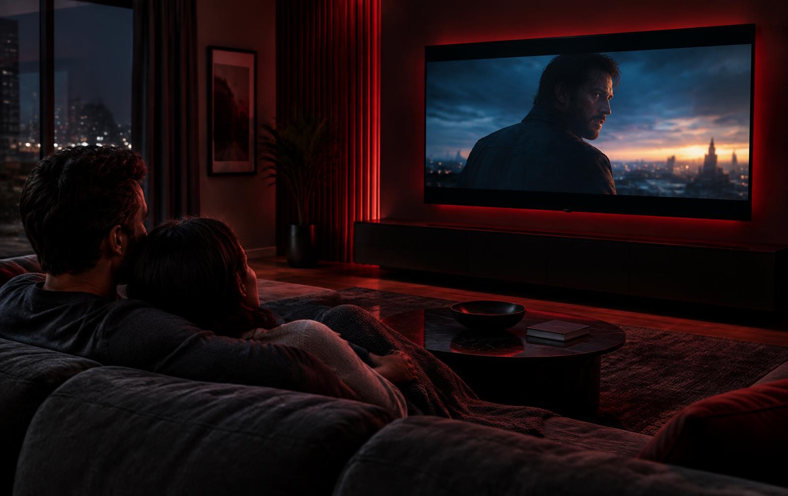 Couple watching a movie on a large TV at home